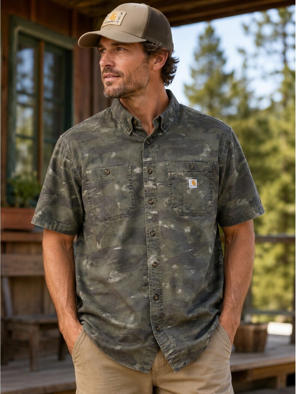 Carhartt Rugged Flex Camo Shirt Mens 2XL Tall Relaxed Fit Short Sleeve Green